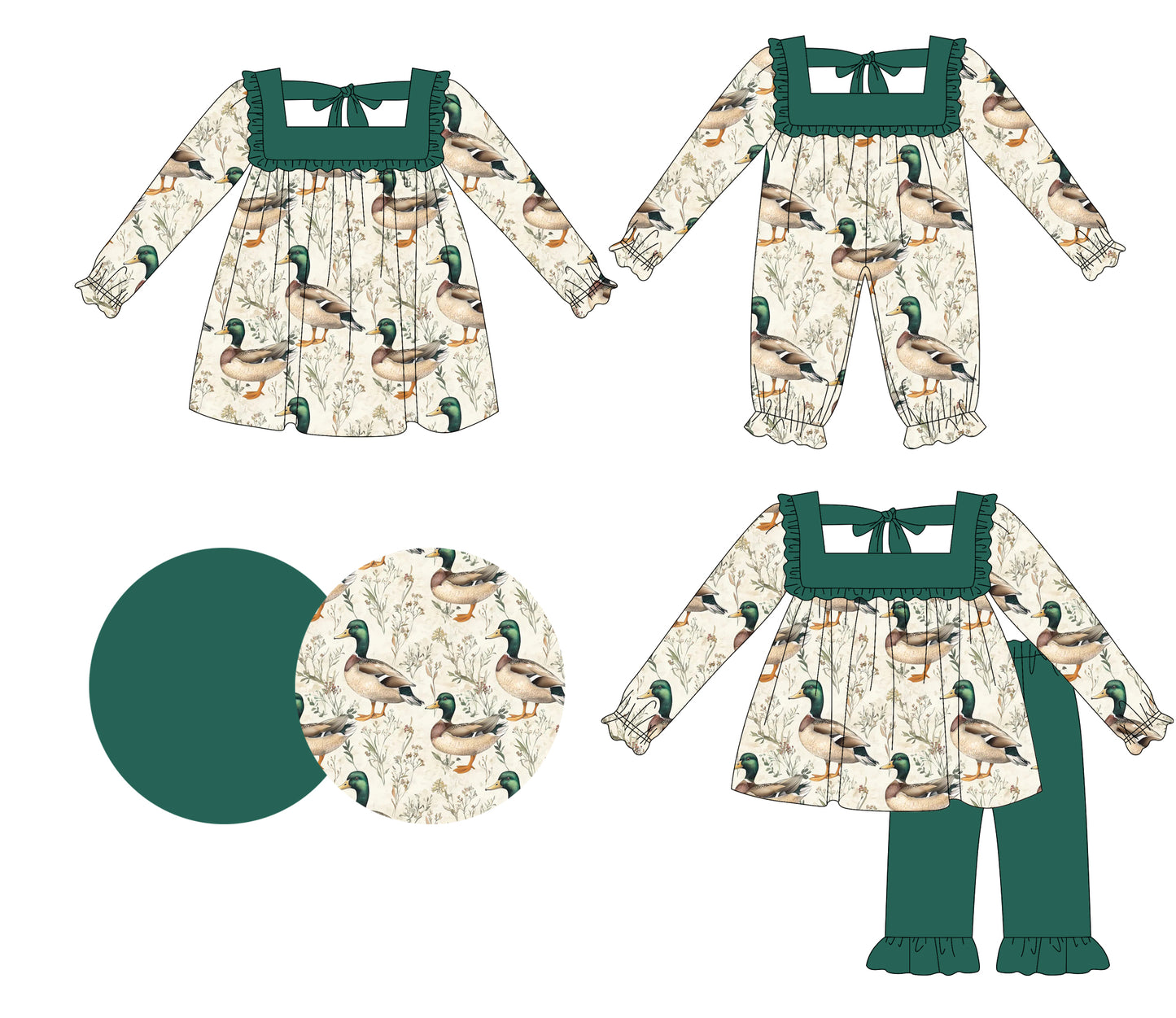 25.5.16 custom each style moq 5eta 4-6week Sibling Sisters duck green baby girl long sleeve pants sets and dress and rompers match family design