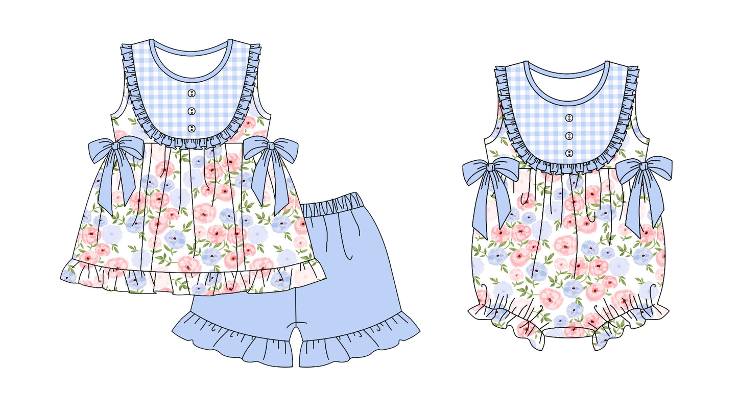 11.19 custom each style moq 5eta 4-6week Sibling Sister floral baby girl short sleeve shorts sets and rompers match design