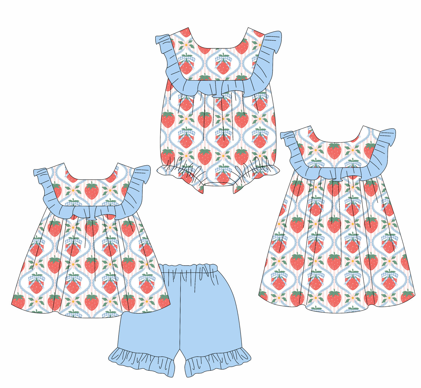 3.7 custom each style moq 5eta 4-6week Sibling Sisters strawberry baby girl short sleeve shorts sets and dress and rompers match family design