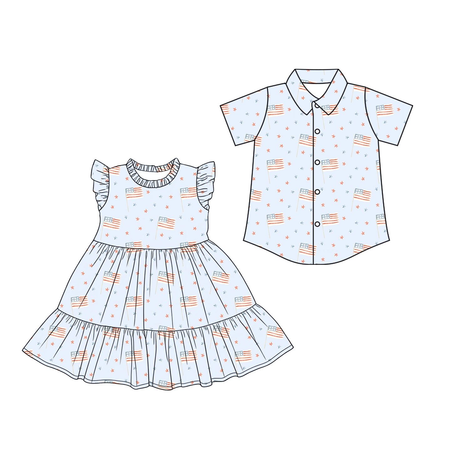 26.1.25 custom each style moq 5 eta 6-8week Sibling Sister flag baby button short sleeve top and dress match design