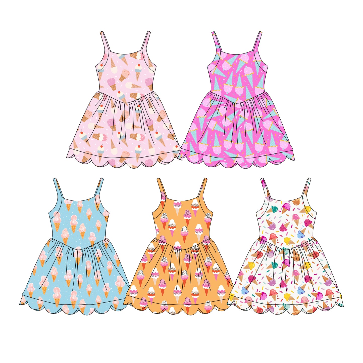 Custom moq 5 mix size Sibling Baby Girls Ice Cream Print Sleeveless Knee-Length Yoga Dress