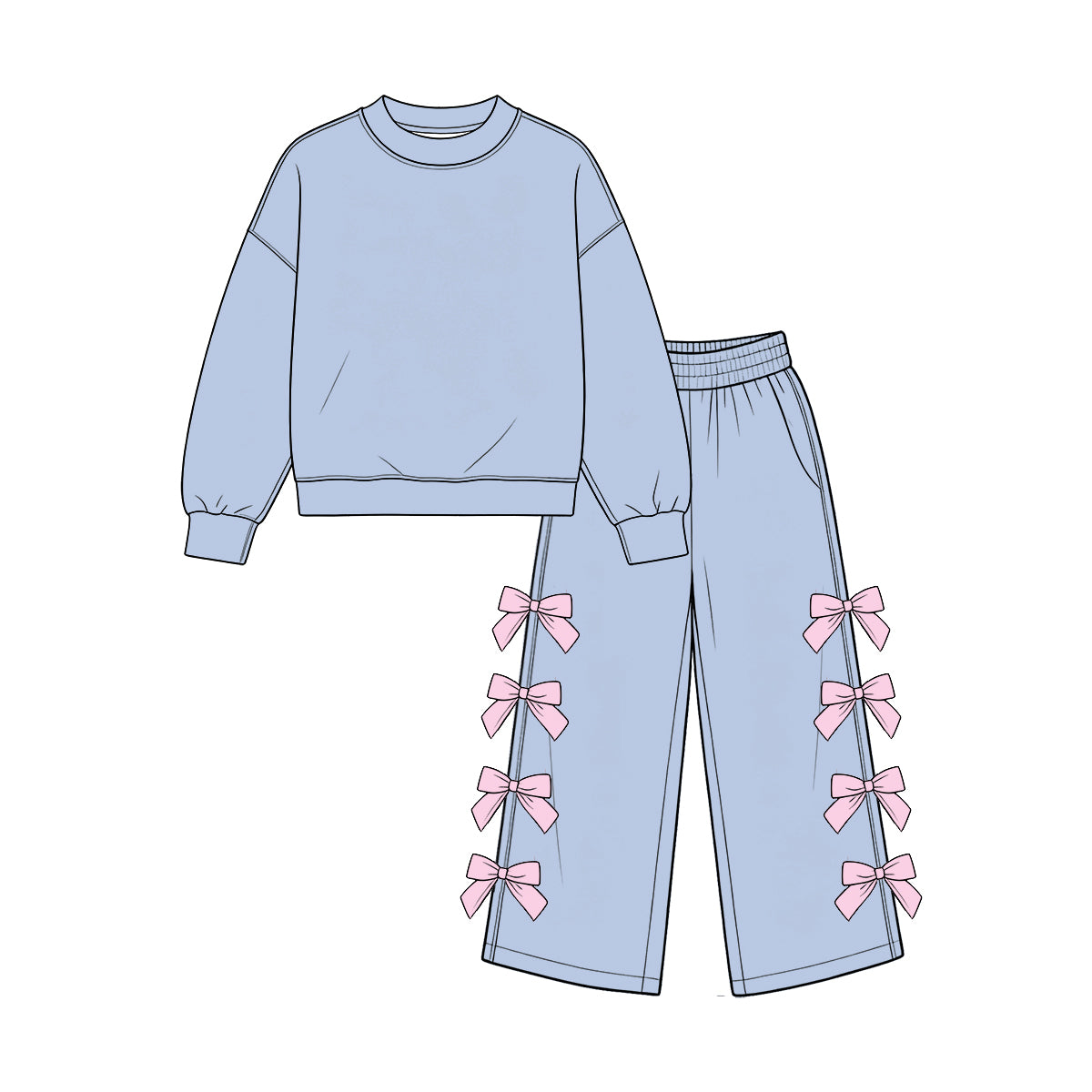 custom moq 5 mix size Baby Girls Dusty Blue Long Sleeve Pullover Top And Bow Wide Leg Trouser Outfit