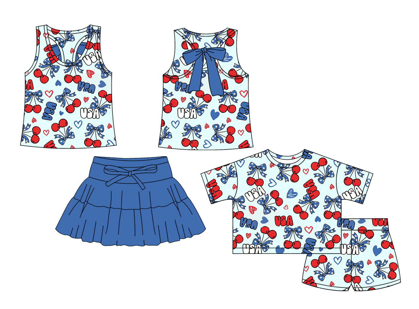 Custom moq 5 mix size Sibling Baby Girls Striped blue Sleeveless Top And Skirt Yoga Set Short-Sleeved Shorts Outfit for Kids 4th of July Active Wear