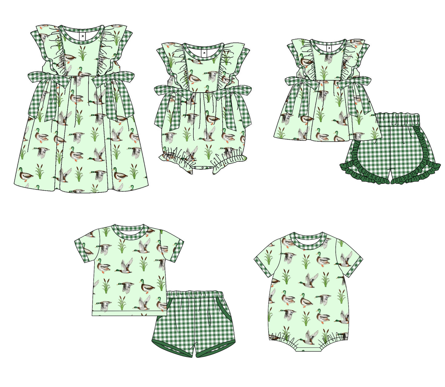 11.15 custom each style moq 5eta 4-6week Sibling Sister duck green baby girl short sleeve shorts sets and sets 2 and girls romper and boy romper and dress match design
