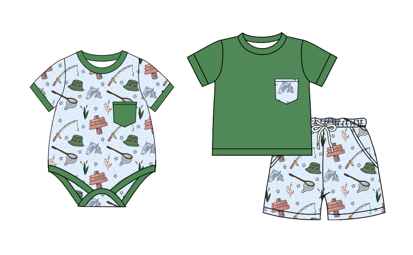 2.11 custom each style moq 5eta 4-6week Sibling Sister fishing baby girls short sleeve shorts sets and romper match design