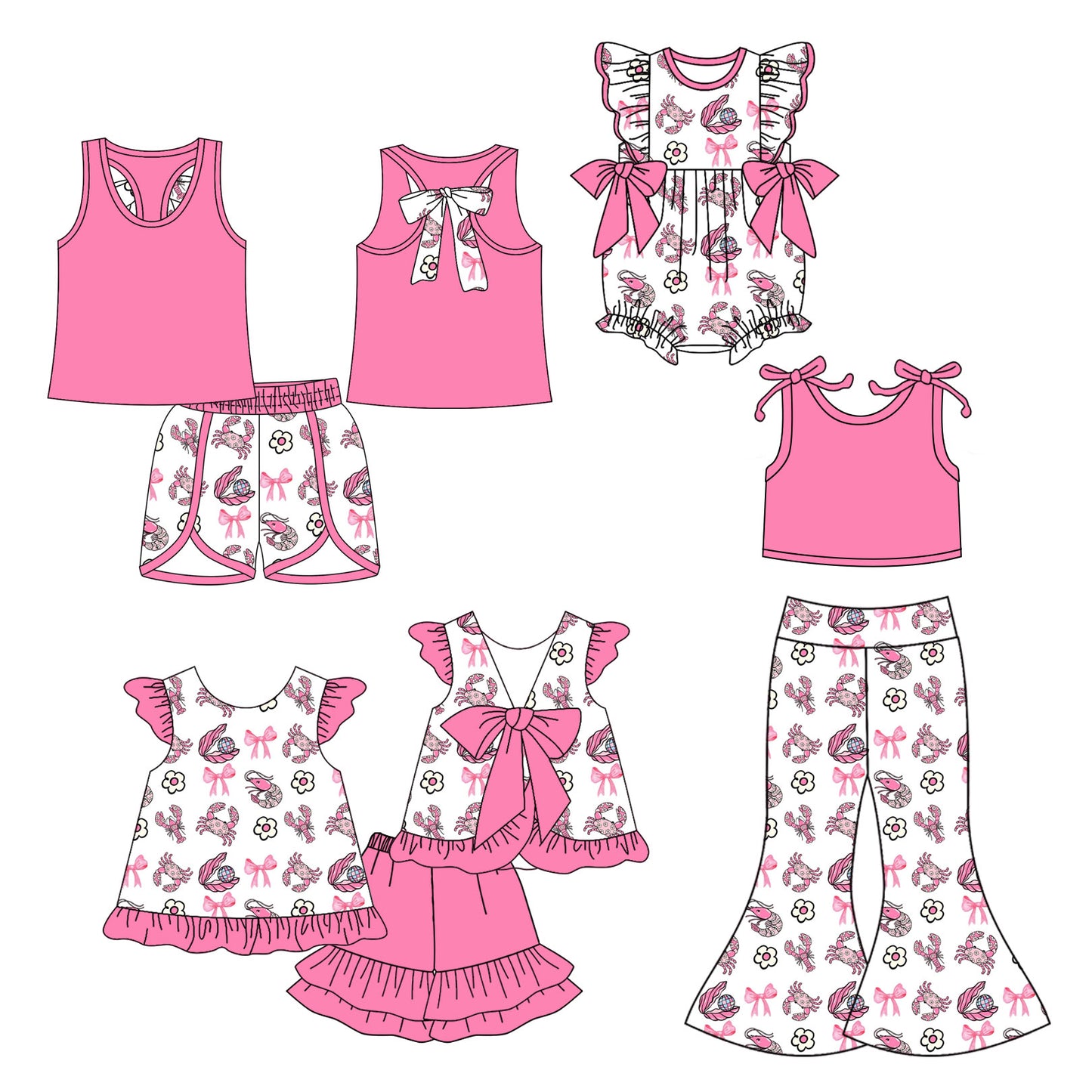 25.12.8 custom each style moq 5 eta 6-8week Sibling Sisters crab bow pink baby girl short sleeve pants sets and shorts set 2 and rompers match family design