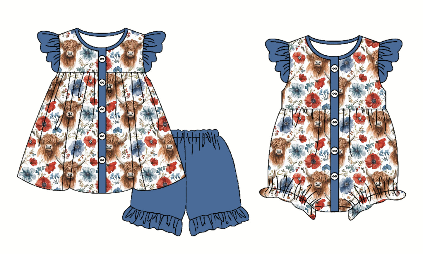 2.26 custom each style moq 5eta 4-6week Sibling Sister alpine head floral baby girl short sleeve shorts sets and romper match design