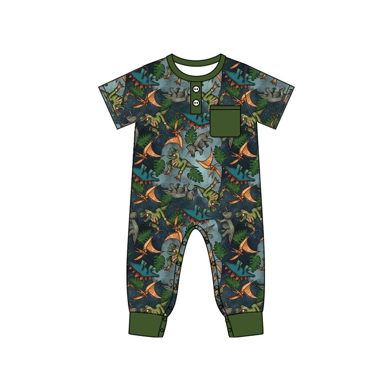 10.14 custom each style moq 5eta 4-6week Sibling Sister dinosaur dark green baby boys short sleeve sets and rompers match design