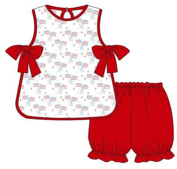 Deadline: May 29 custom no moq eta 5-6week Summer girls flag red short sleeve shorts suit