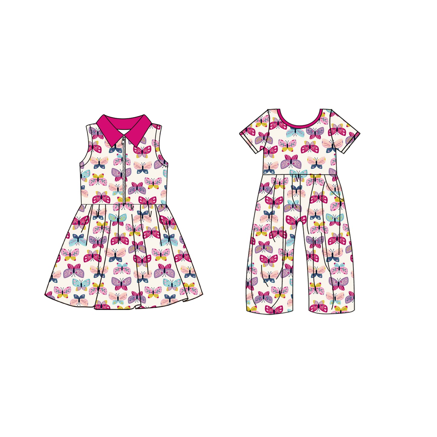 4.25 custom each style moq 5eta 4-6week Sibling Sister butterfly baby girl short sleeve yoga dresses and jumpsuit match design