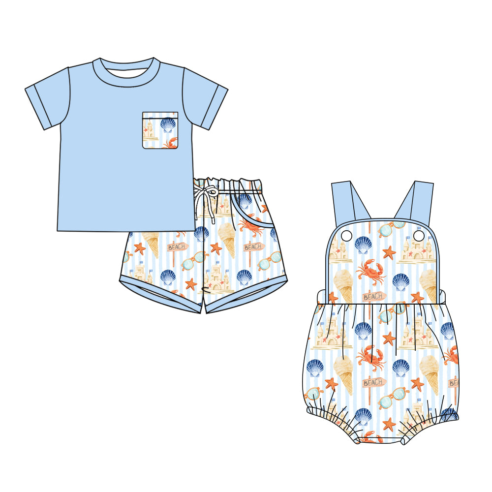 3.2 Custom moq 5 mix size Sibling Baby Boys Romper Short-Sleeved Blue Top And Shorts Set for Infants