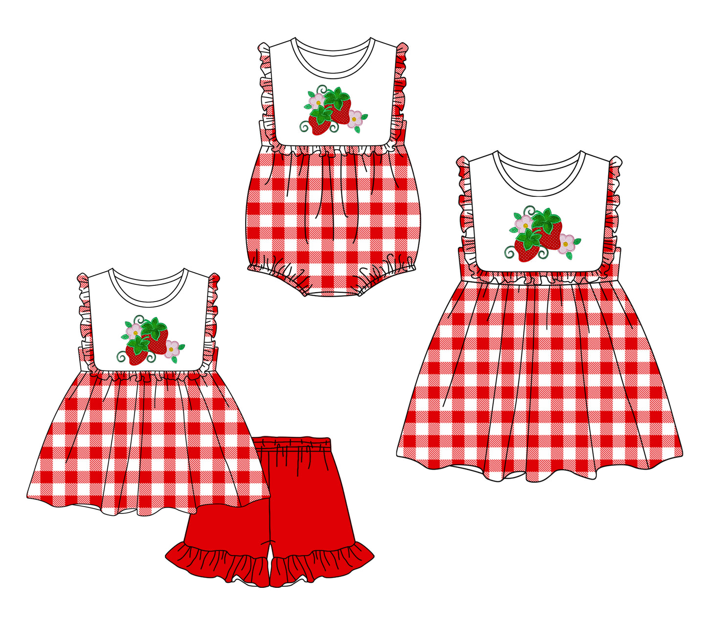 12.6 custom each style moq 5eta 4-6week Sibling Sister strawberry baby girl short sleeve shorts sets and dress and rompers match family design