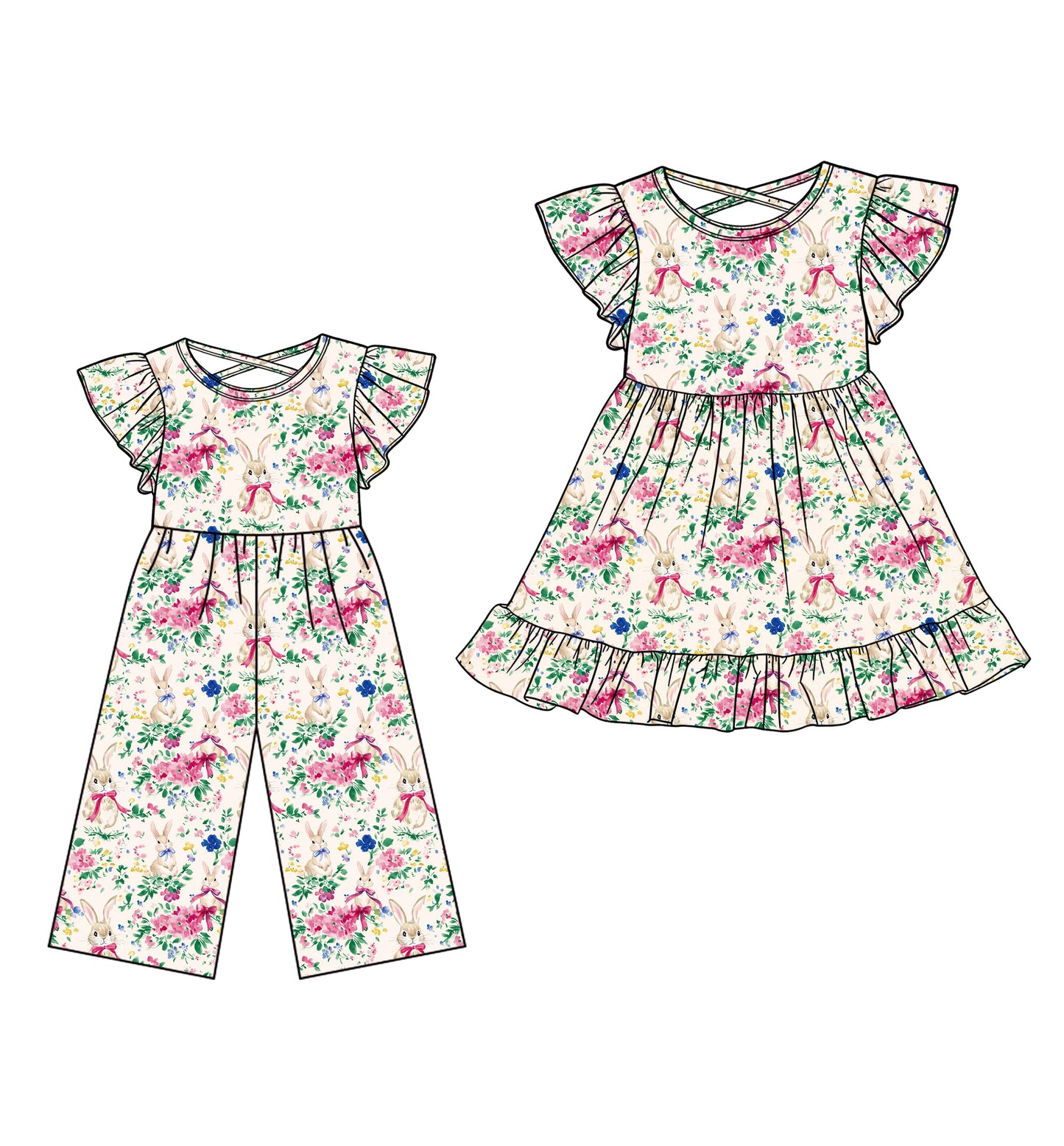25.12.24 custom each style moq 5 eta 6-8week Sibling Sister bunny floral baby short sleeve dress and jumpsuit match design