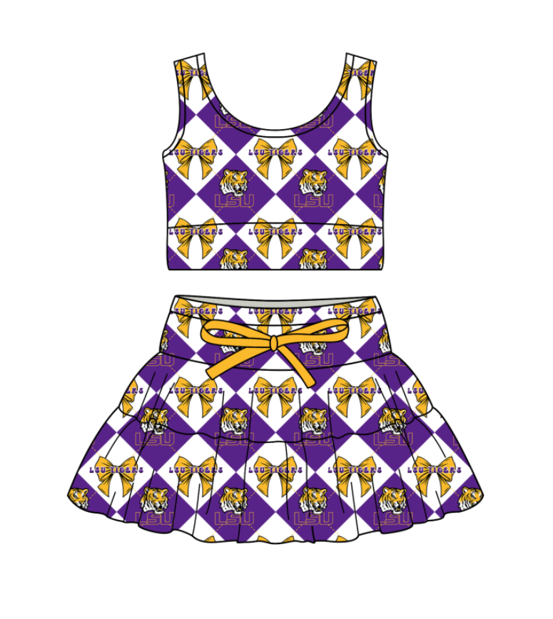Custom moq 5 mix size Purple Plaid Baby Girl Sleeveless Top And Skirt Team Outfit Children's Clothing