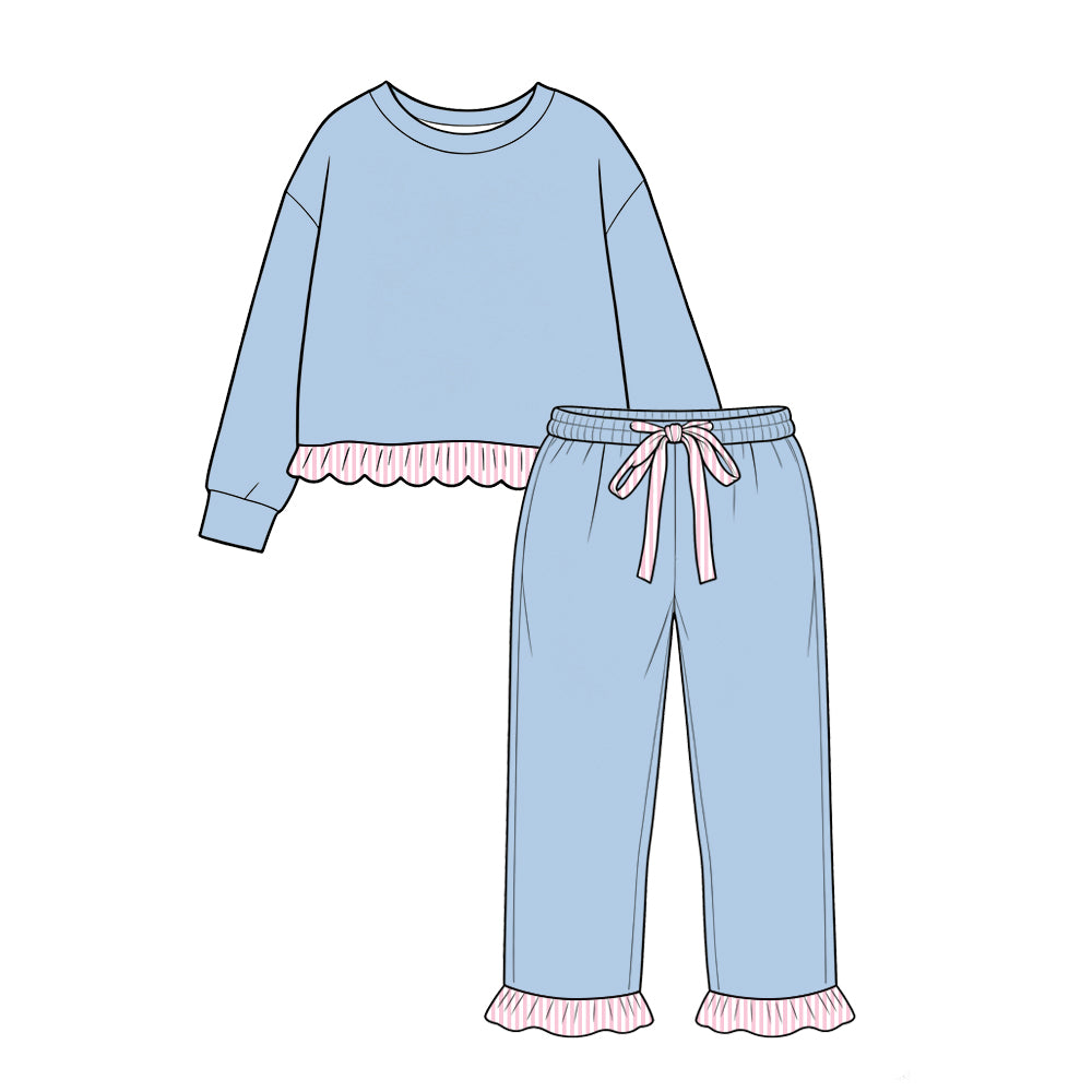 custom moq 5 mix size Baby Girls Light Blue Long Sleeve Top With Pink Striped Ruffle Hem Jogger Pants Casual Outfit