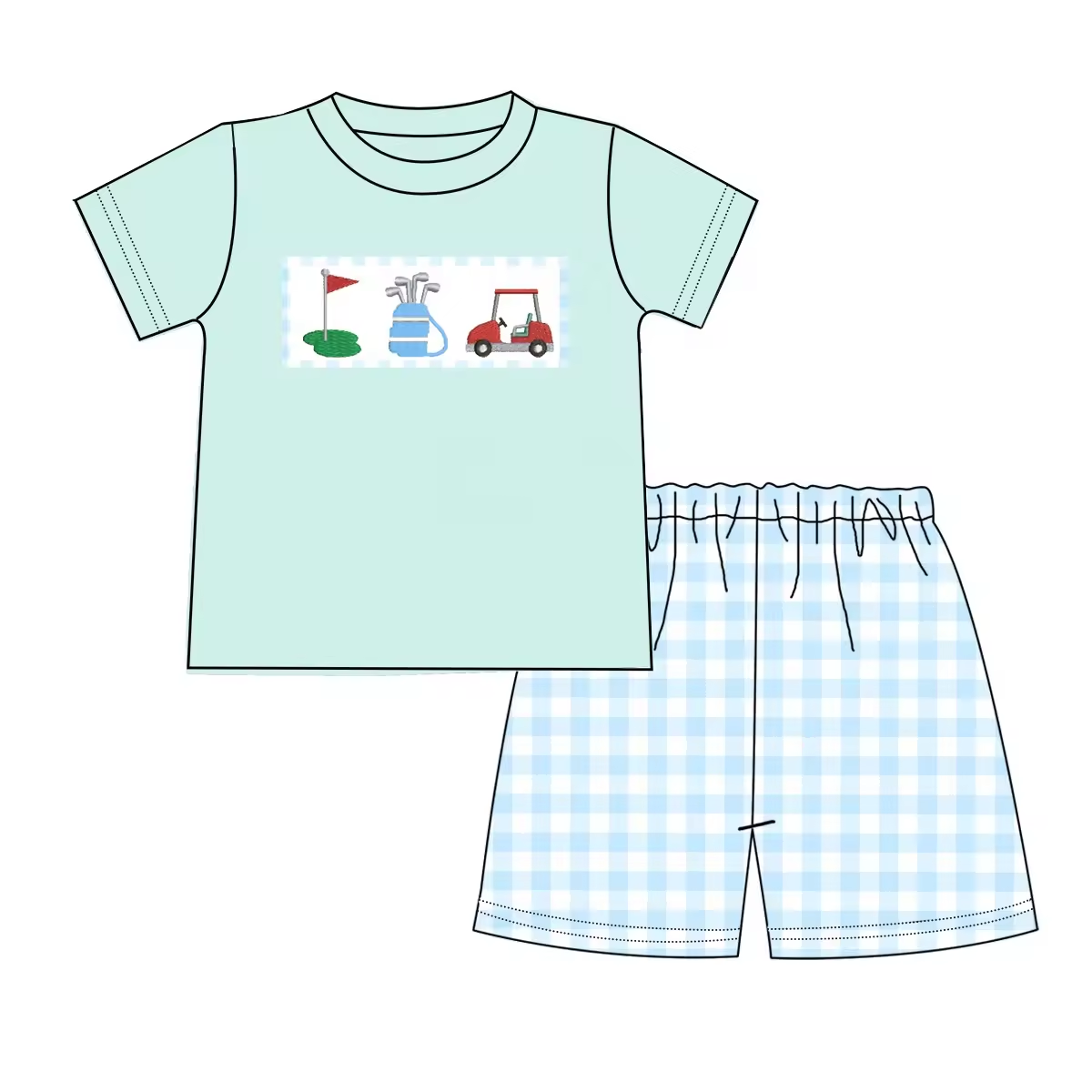 5.21custom each style moq 5eta 4-5week Sibling Sister Golf series print blue plaid green girls and boys outfits and baby romper match family design