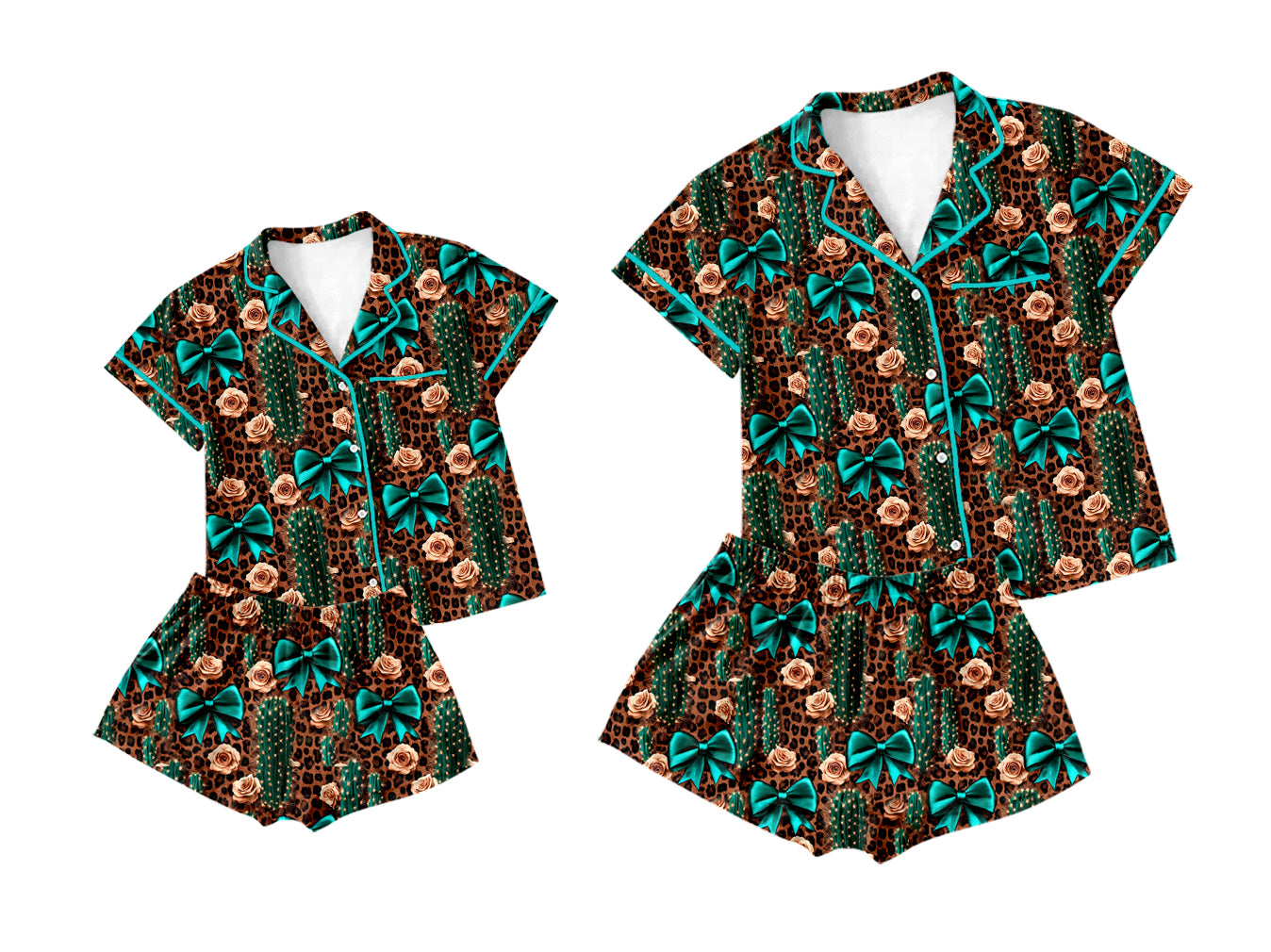 2.25 custom each style moq 5eta 4-6week Sibling Sister bow floral catcus short sleeve shorts sets and adult sets match design