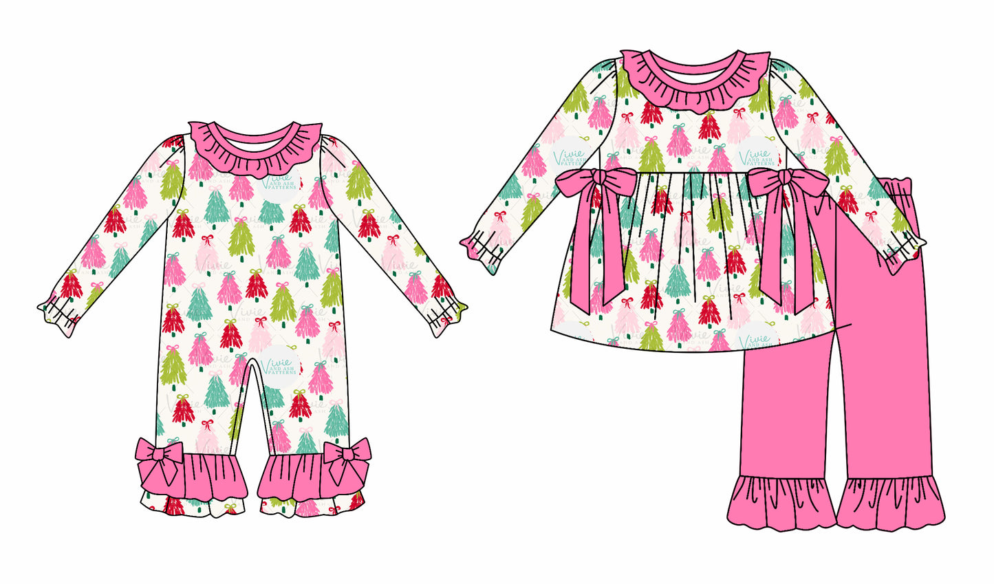 25.5.26 custom each style moq 5eta 4-6week Sibling Sisters Christmas trees pink baby girl long sleeve pants sets and rompers match family design