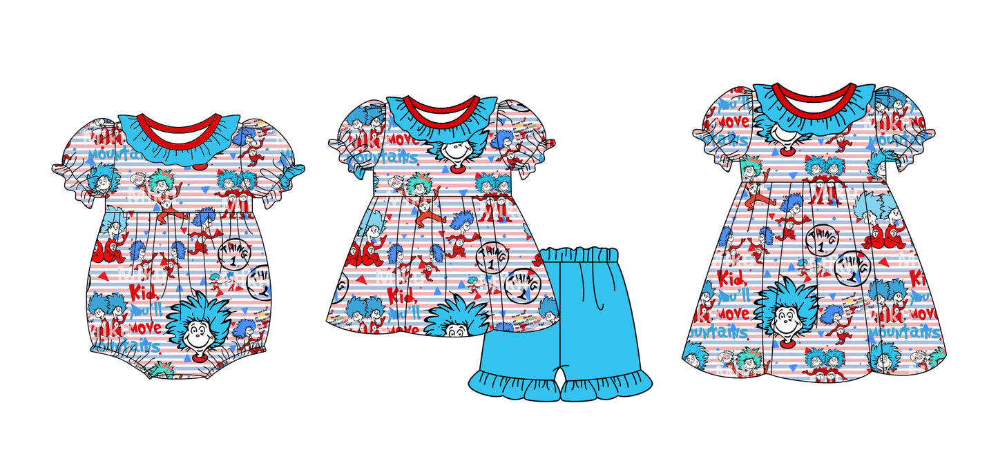 12.12 custom each style moq 5eta 4-6week Sibling Sister dr seuss baby girl short sleeve shorts sets and dress and rompers match family design