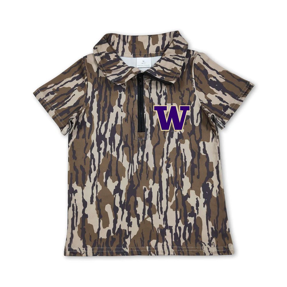 Custom moq 5 mix size milk silk summer teams Toddler Boys Short Sleeve Southern Olive Camo Zipper Pullovers Top