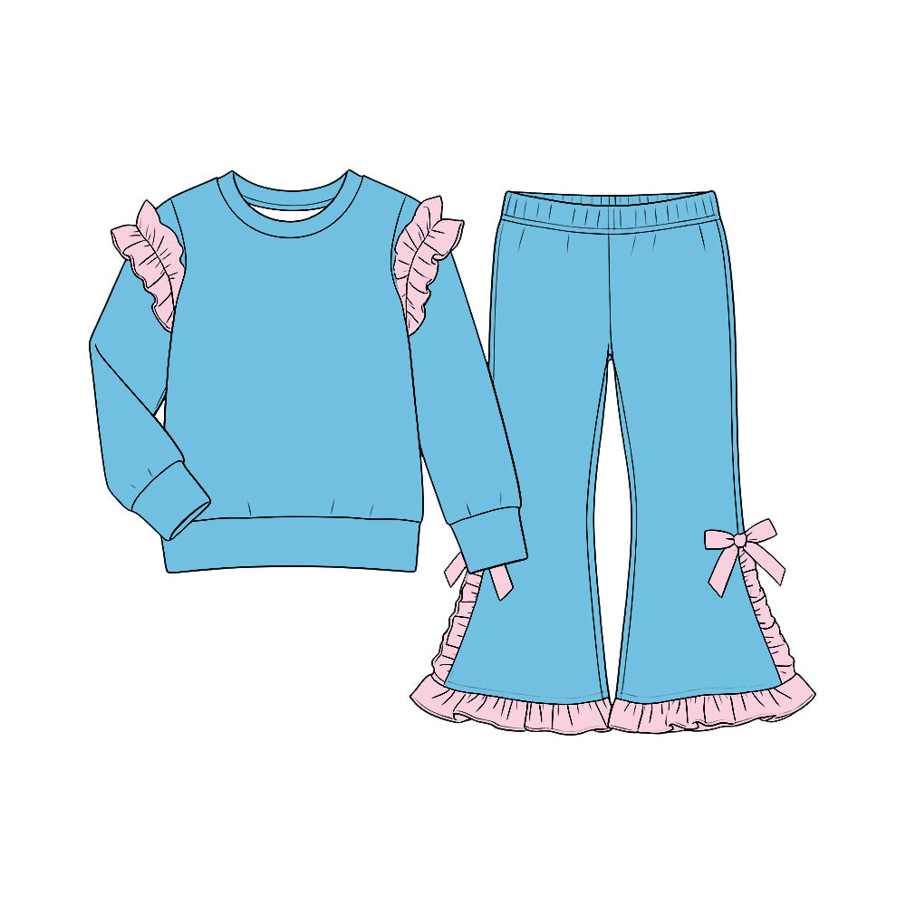 custom moq 5 mix size Baby Girls Solid Bright Blue and Light Pink Ruffle Shoulder Sweatshirt And Ruffle Hem Bow Flare Pant Set