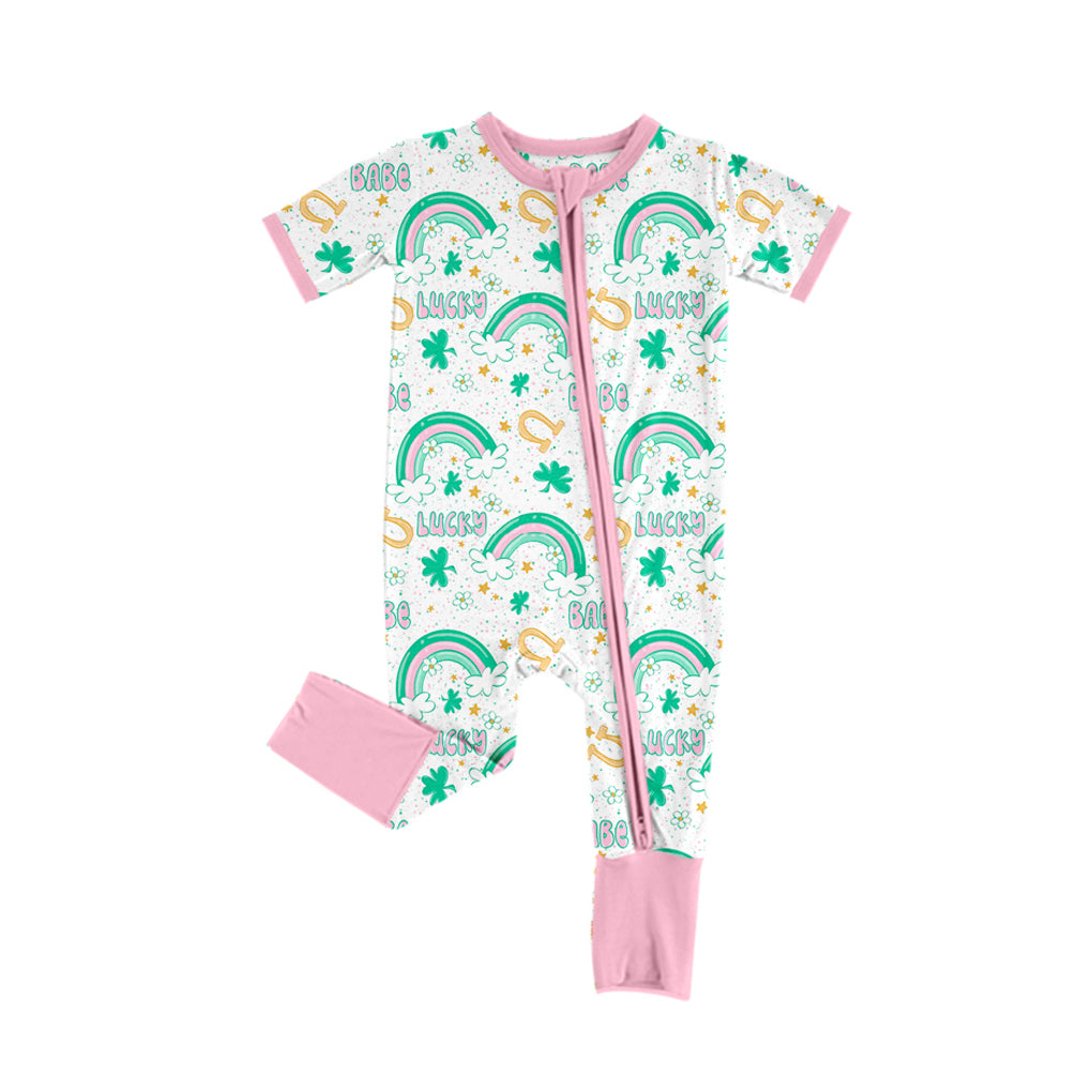 10.18 custom each style moq 5eta 4-6week Sibling Sister LUCKY Four Leaf Clover pink baby girl sets and dress and rompers match family design