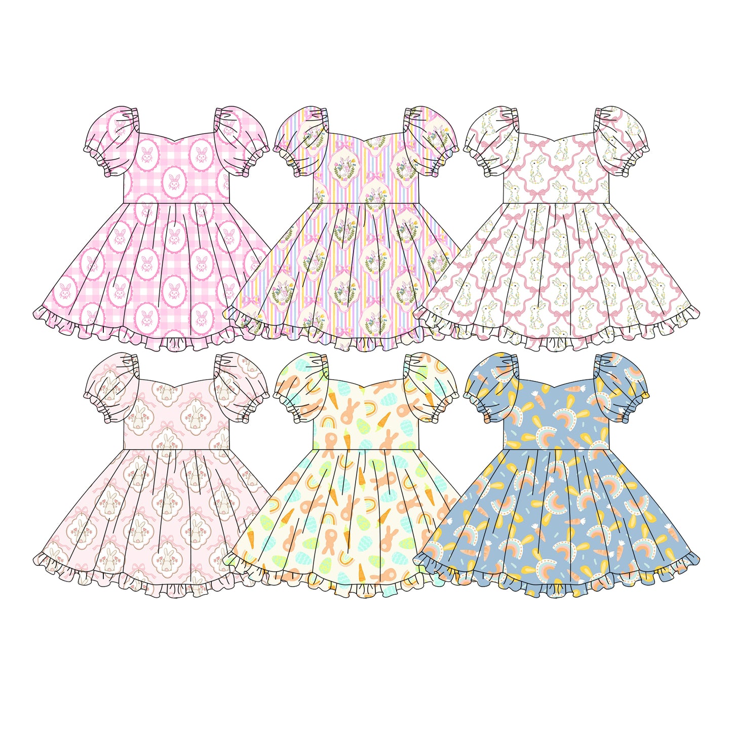 Custom moq 5 mix size Sibling Baby Girl's Rabbit print Knee-Length Dress Summer Easter Dress for Little Girls