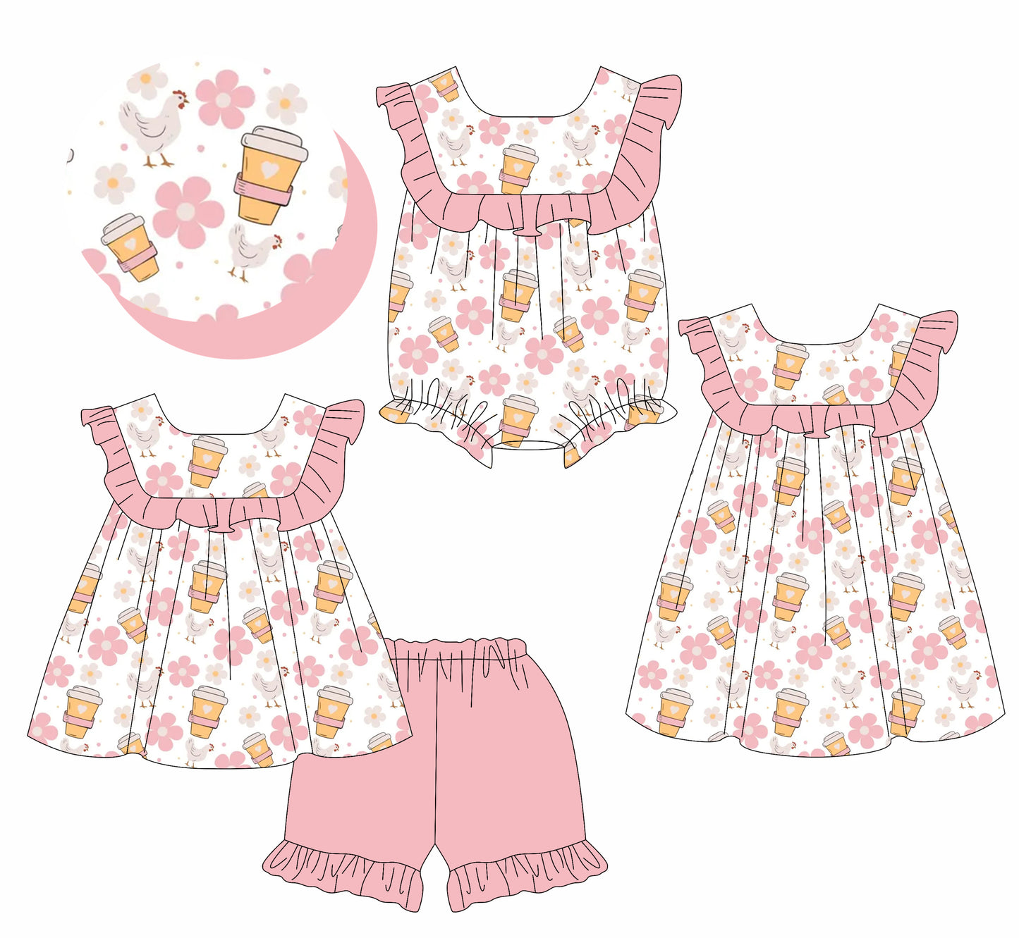 4.1 custom each style moq 5eta 4-6week Sibling Sisters floral baby girl short sleeve shorts sets and dress and rompers match family design