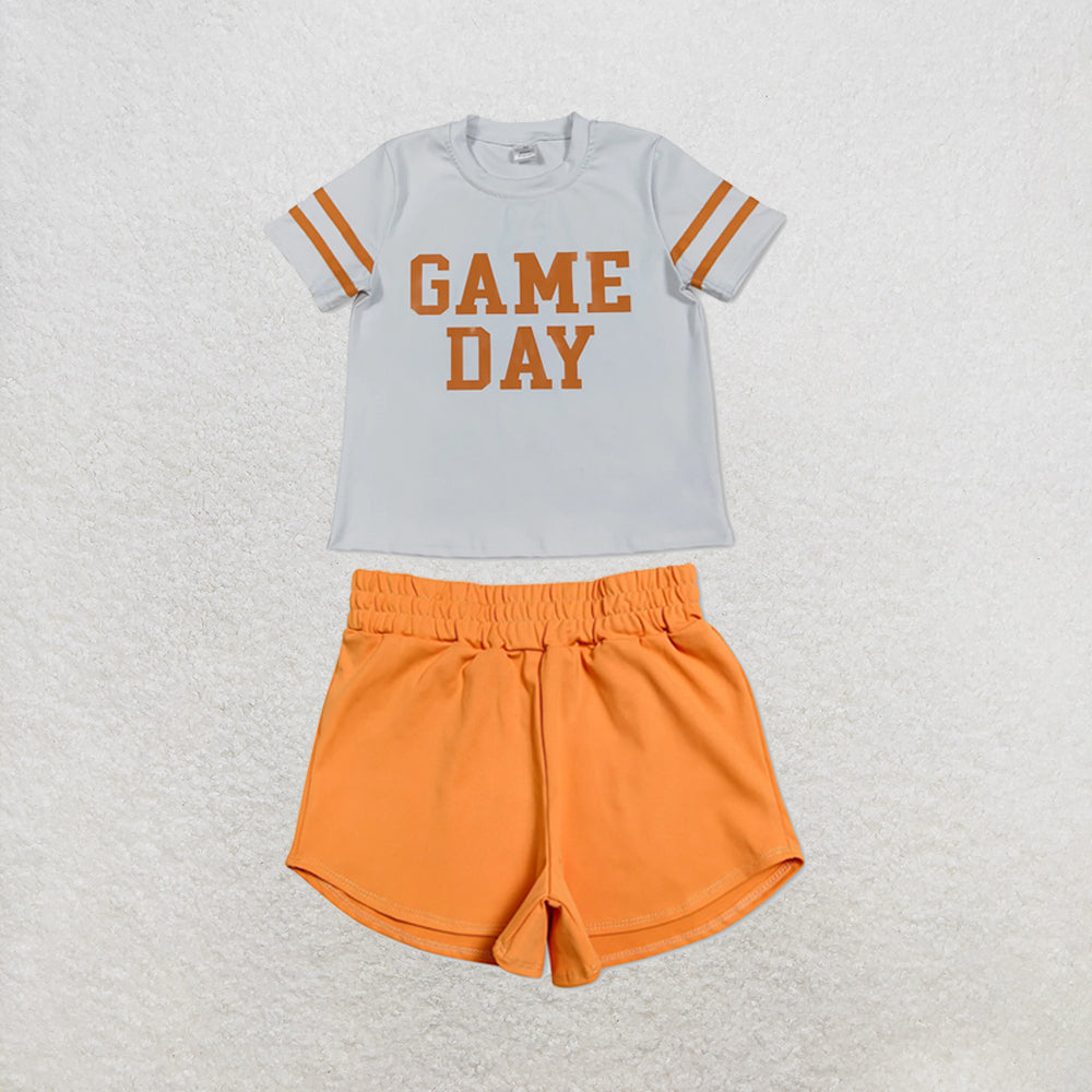 RTS NO MOQ Sibling yoga fabric Baby Girls Vinyl Orange Game Day Print Top Matching Shorts Two Piece Team Active Clothes Set