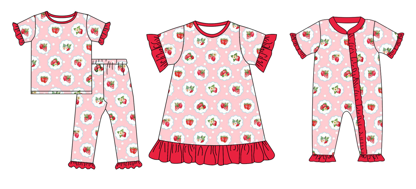 11.29 custom each style moq 5eta 4-6week Sibling Sister strawberry floral baby girl sets and dress and rompers match family design