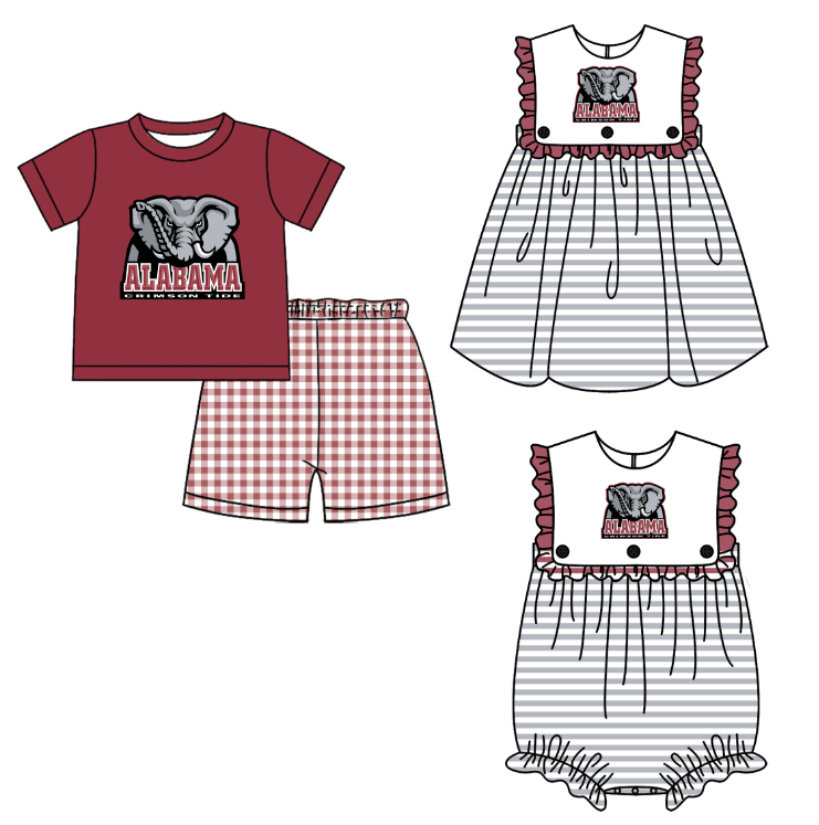 Custom moq 5 mix size milk silk summer teams Boy's Dark red Short-Sleeved Top And Shorts Set Girl's Sleeveless Striped Dress And Romper