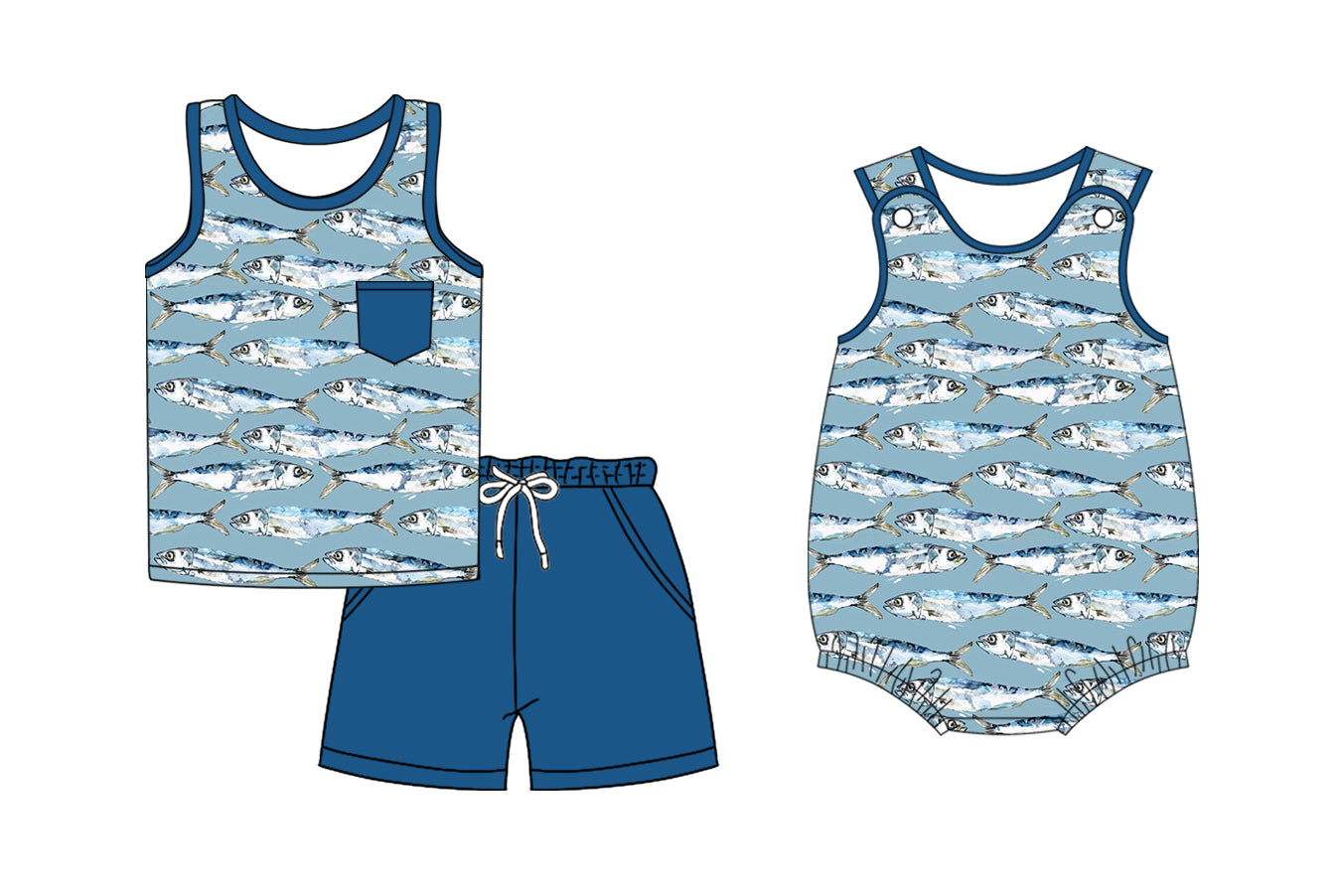 2.15 custom each style moq 5eta 4-6week Sibling Sister fish baby girl short sleeve shorts sets and romper match design
