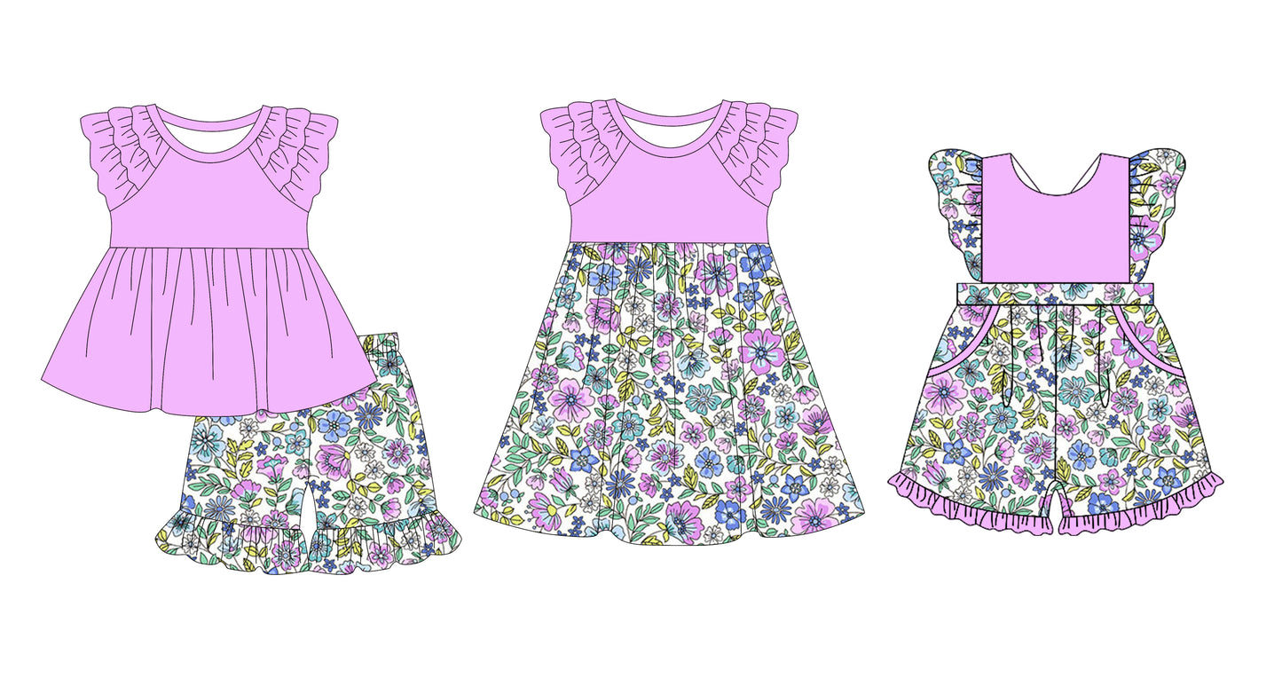 12.10 custom each style moq 5eta 4-6week Sibling Sister floral baby girl short sleeve shorts sets and dress and jumpsuits match family design