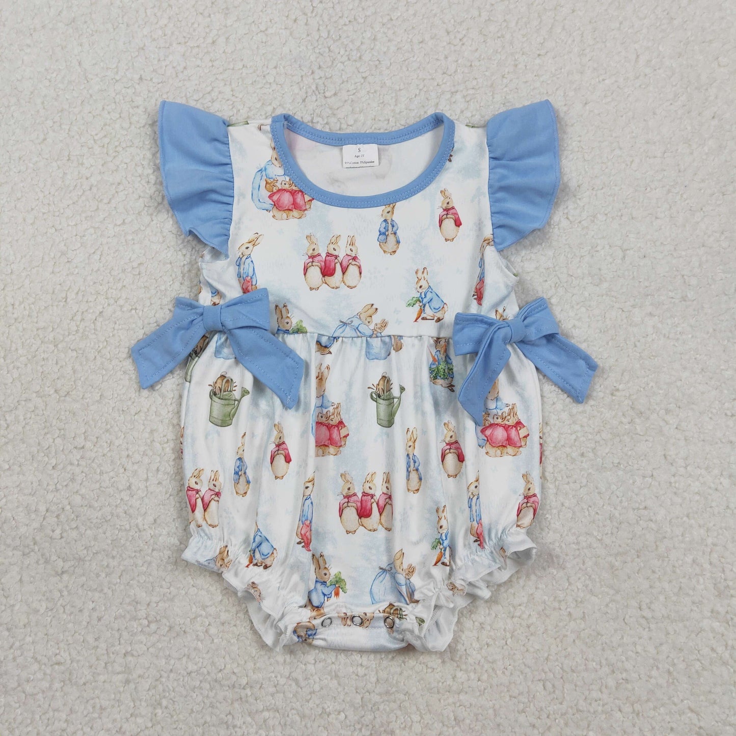 RTS NO MOQ(In Stock ) SR3833 Easter Bunny Blue Bow White Vest Jumpsuit