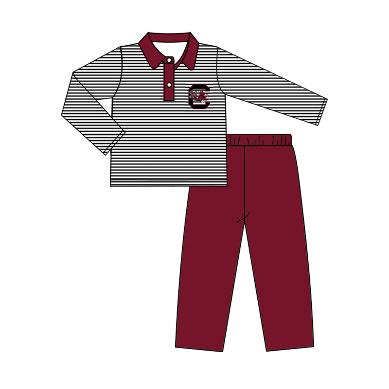 Deadline October 5 custom no moq eta 6-8weeks Letter C Black and White Striped Button Pullover Long Sleeve Top & Burgundy Trousers Set