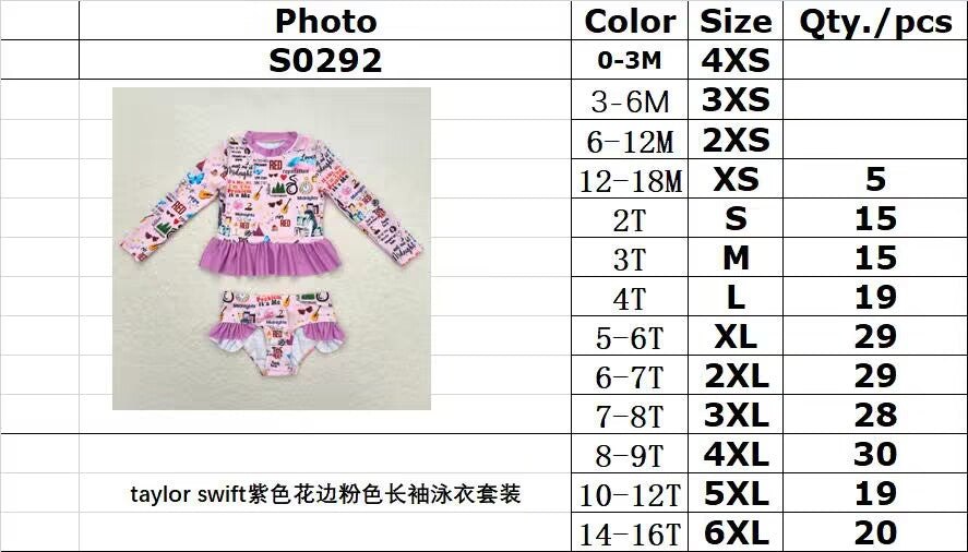 S0292Taylor Swift purple lace pink long sleeve swimsuit set
