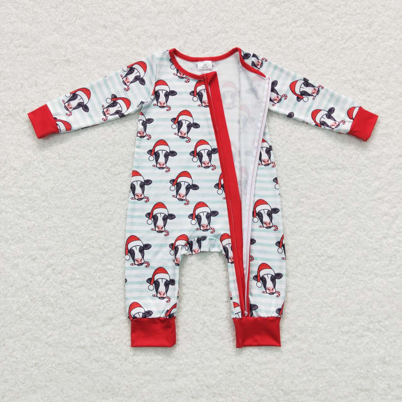 LR0700 Santa Hat Cow Stripe Zip Long Sleeve Jumpsuit