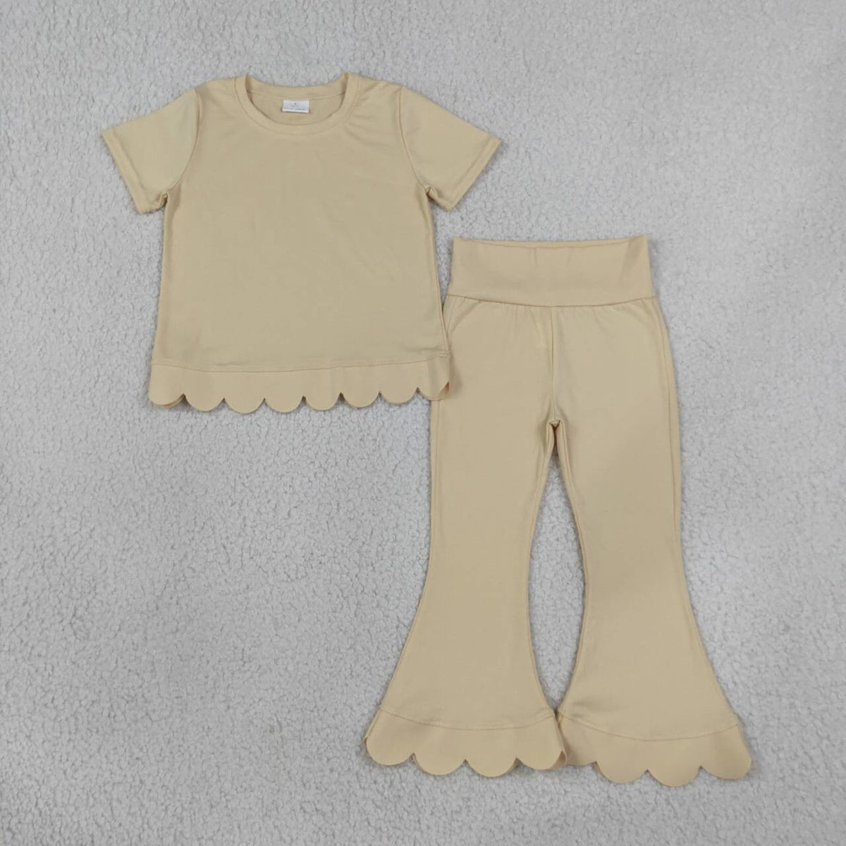 NEW RTS NO MOQ cotton GSPO2340(GT1770+P1078)Baby Girls White Short Sleeve Shirts Top Flare Pant Scallop Sets