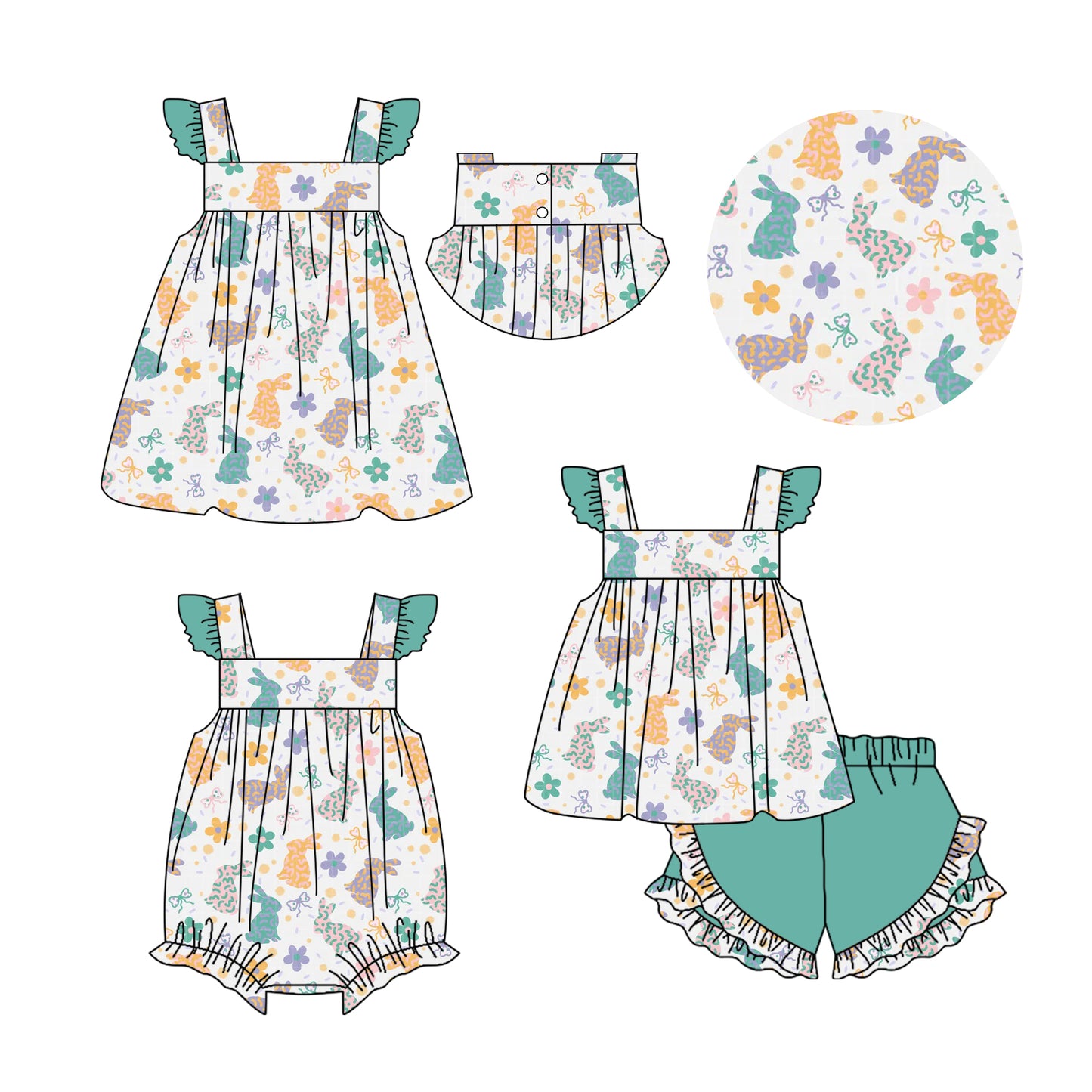 25.12.26 custom each style moq 5 eta 6-8week Sibling Sister bunny floral bow baby short sleeve shorts sets and romper and dress match design