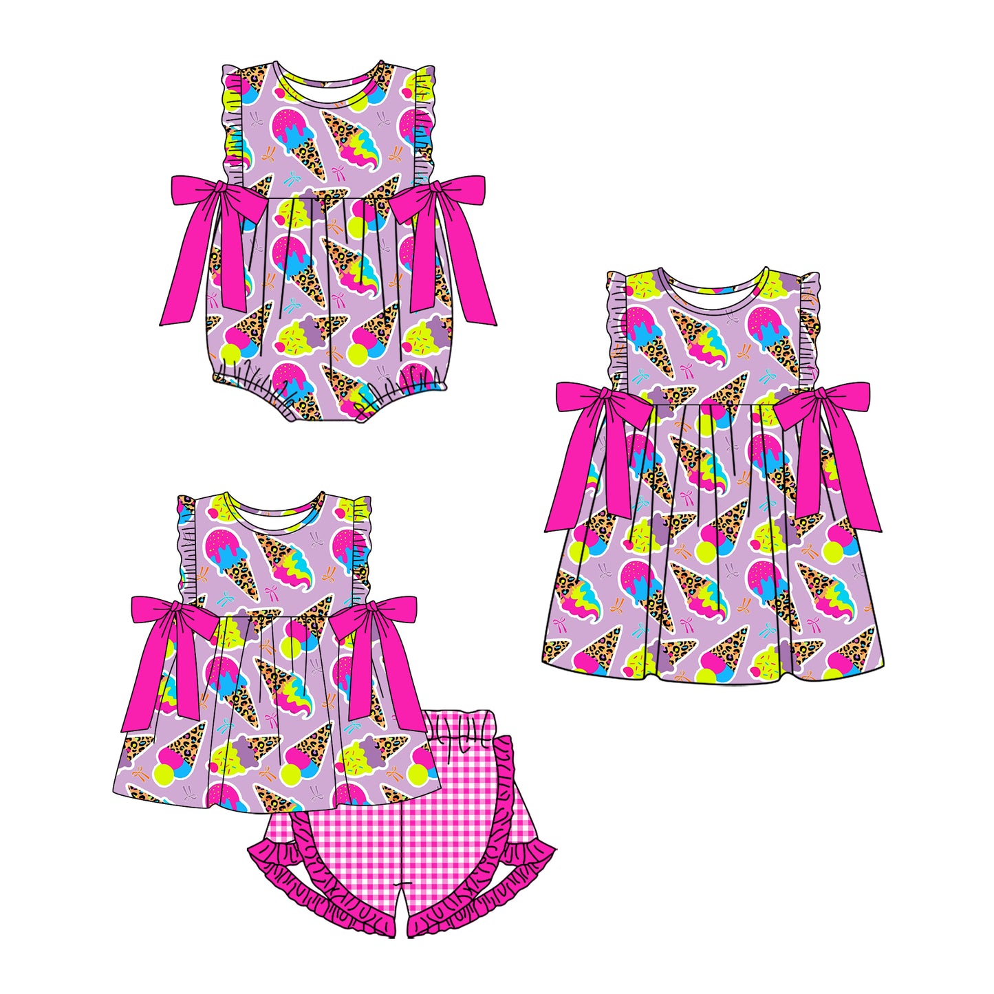 3.29 custom each style moq 5eta 4-6week Sibling Sisters ice cream baby girl short sleeve shorts sets and dress and rompers match family design