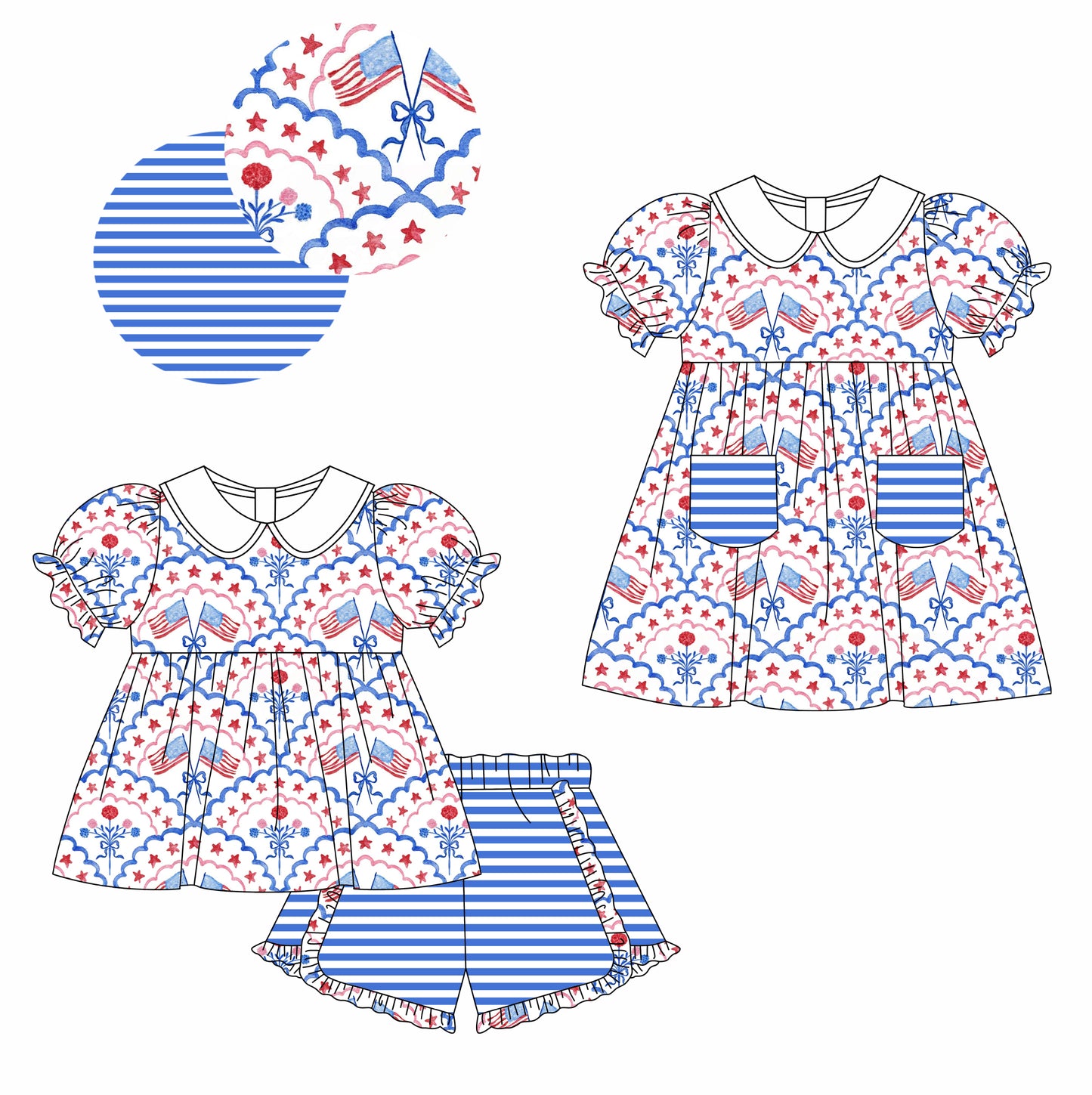 11.25 custom each style moq 5eta 4-6week Sibling Sister 4th of july bow baby girl short sleeve shorts sets and dresses match design
