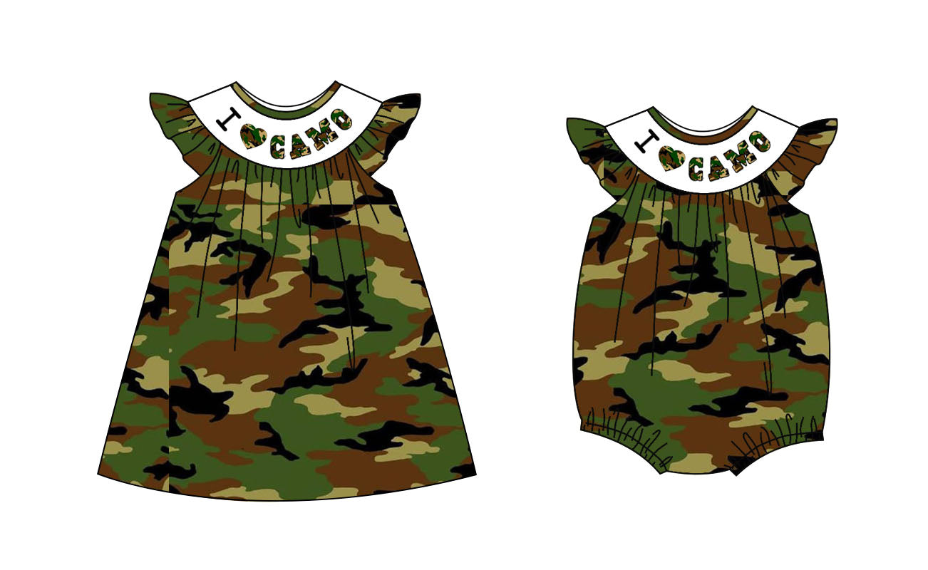 11.6 custom each style moq 5eta 4-6week Sibling Sister camouflage baby girl short sleeve dress and rompers match family design