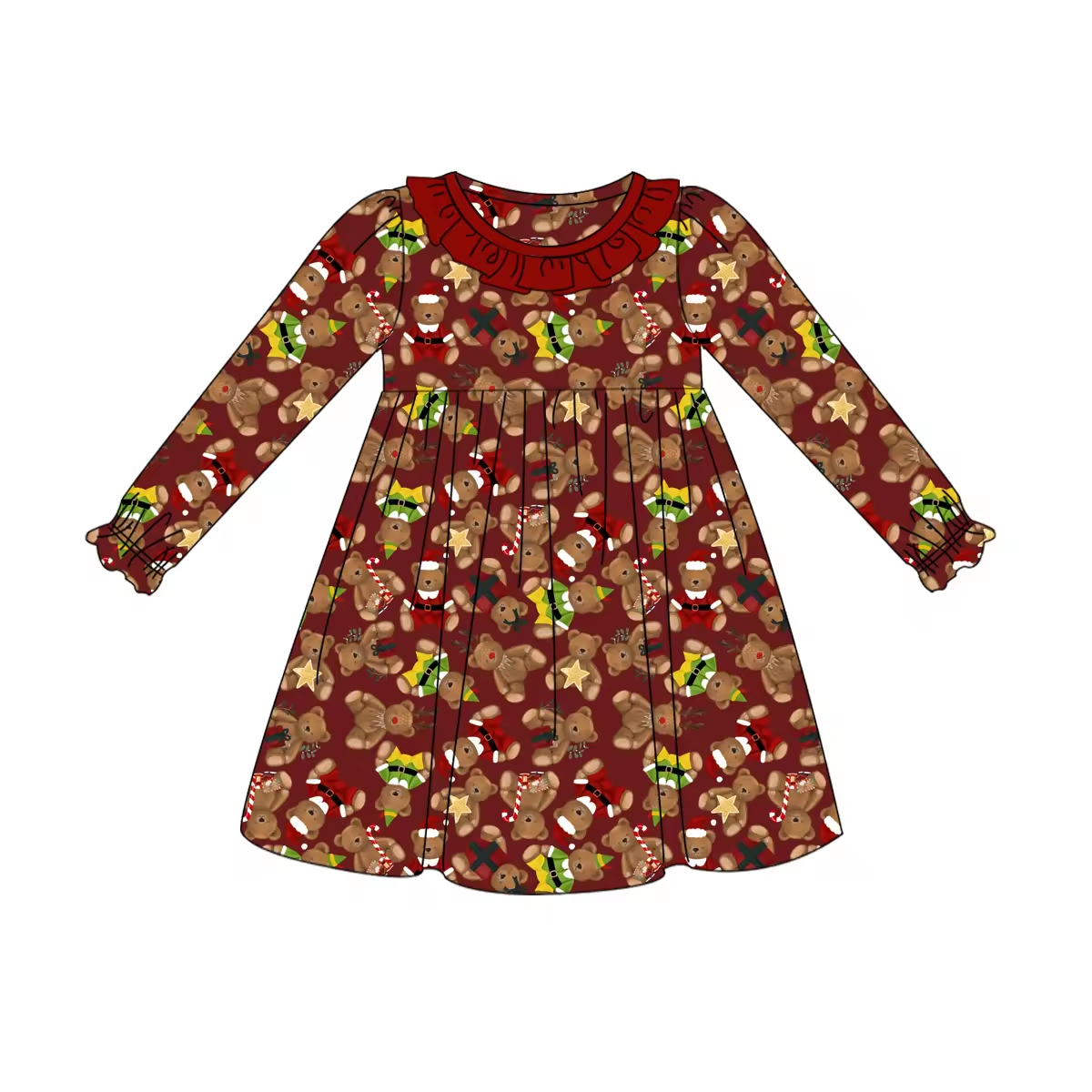 Custom moq 3 eta 6-8weeks Dark red long-sleeved Christmas plush bear dress