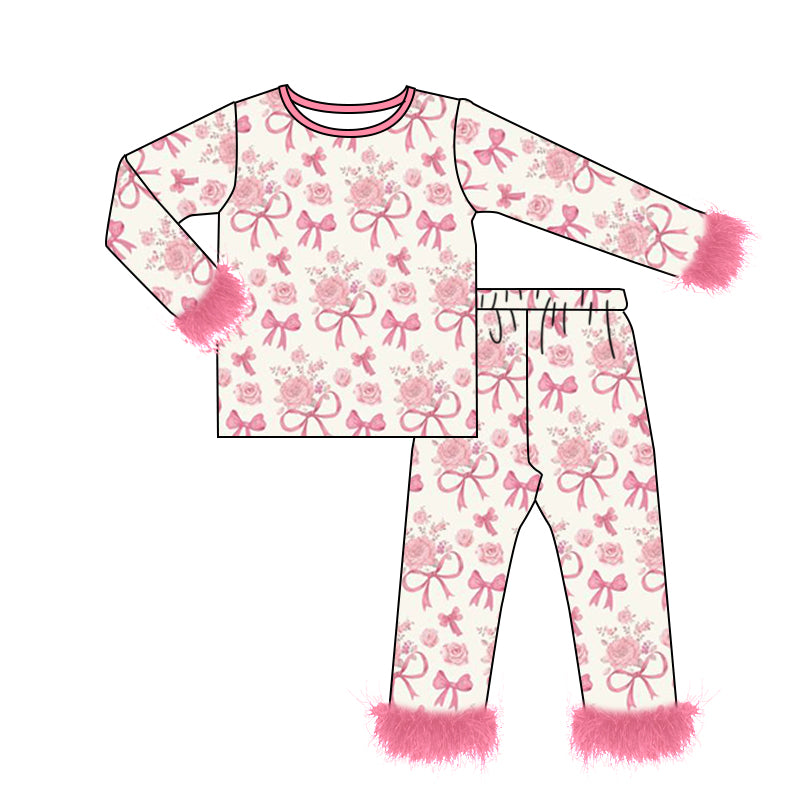 10.21 custom each style moq 5eta 4-6week baby girls clothes bow floral pink Plush Edge Long Sleeve Pants Set