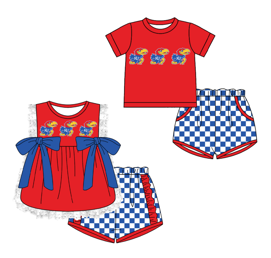Custom moq 5 mix size milk silk summer teams Red Girl Sleeveless Top And Plaid Shorts Set with Bow Boy Short Sleeved Top And Plaid Shorts Set