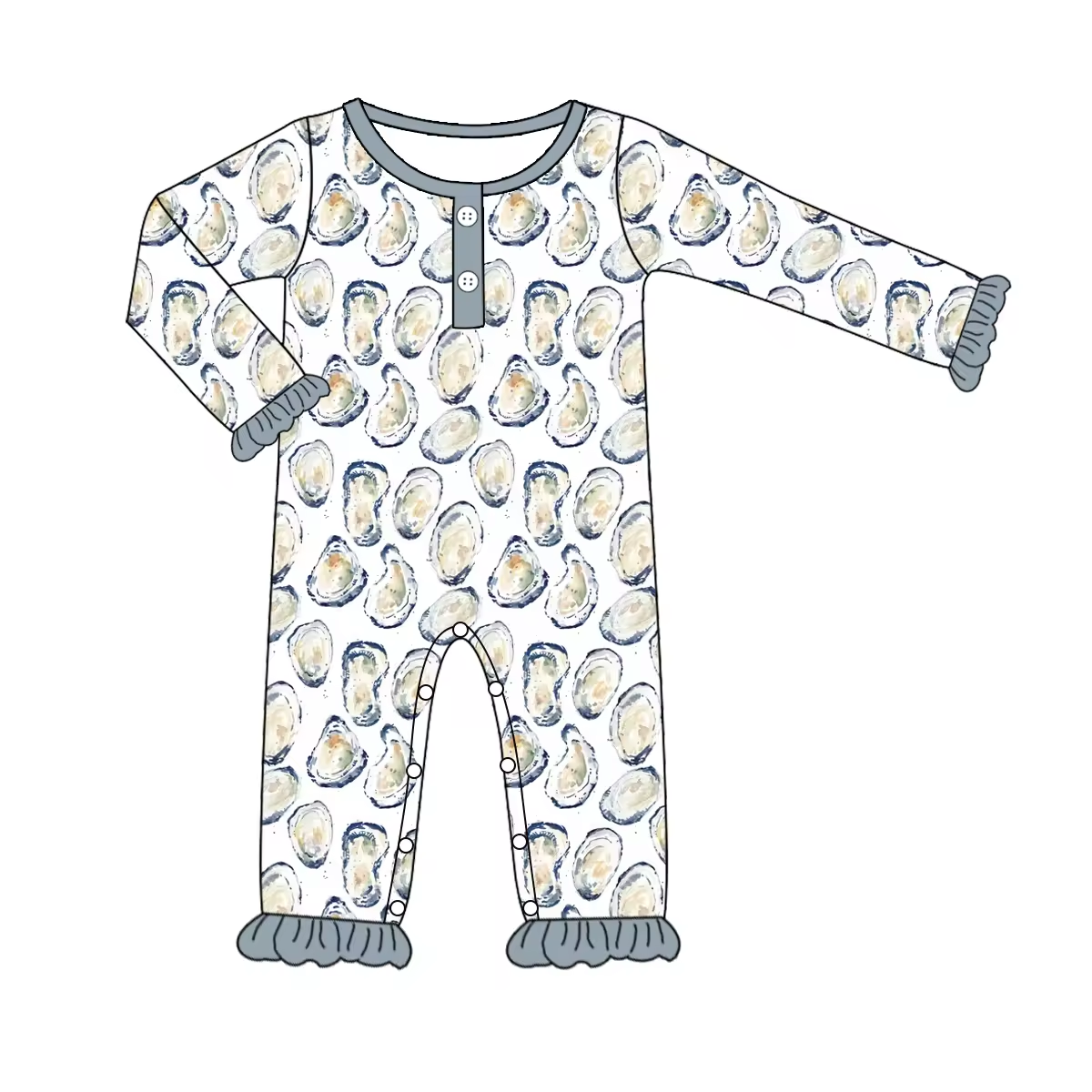 Custom moq 3 eta 6-8 weeks Gray Blue Button Collar-Lace Cuffs Scallop Long Crawling Dress