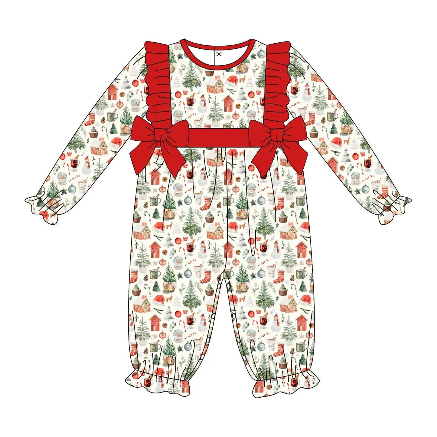 Custom moq 3 eta 7/8week moq 5 eta /4/5week Tree and house pattern red bow long sleeve romper