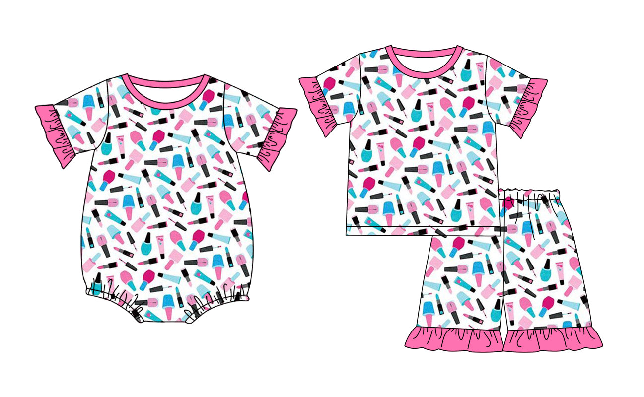 Custom moq 5 mix size Sibling Pink Short-Sleeved Baby Girl Pajama Set with Top And Shorts Romper for Little Ones