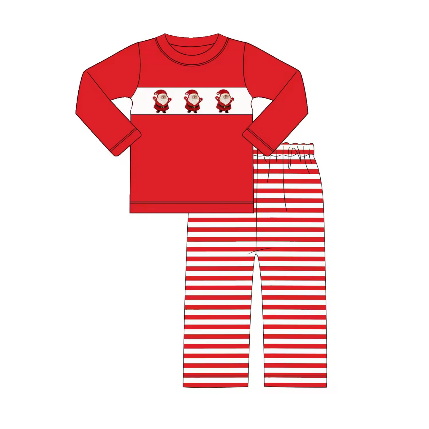 Custom moq 3 eta 6-8weeks Embroidered Chubby Santa Claus Red Long Sleeve Top and Striped Straight Pants Set