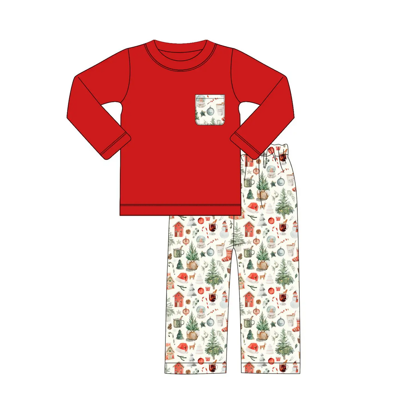 Custom moq 3 eta 7/8week moq 5 eta /4/5week Red long-sleeved suit with tree and house pattern